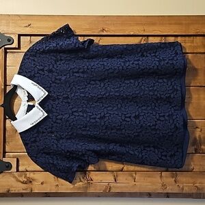 Faith Joy Navy Floral Lace Jeweled Collar Top L